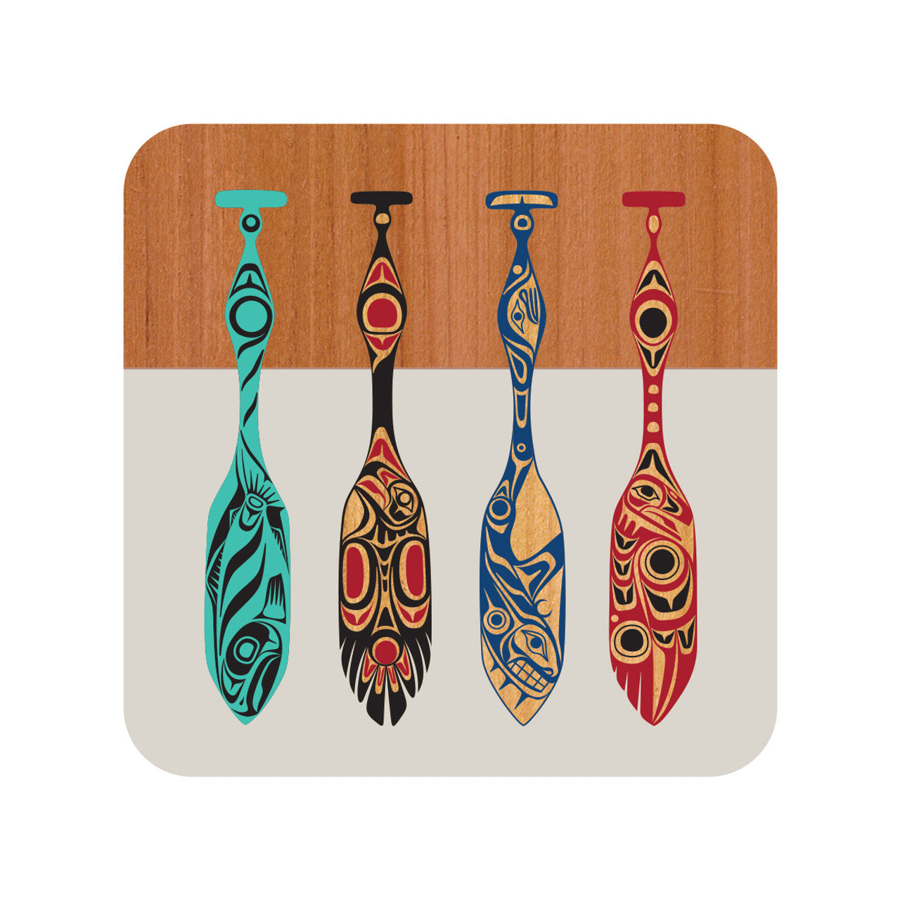 Cork Backed Coaster - Paddles Paul W. - Paul Windsor - Kitchenware - Pentlatch Gallery - Aboriginal Art - Parksville, BC, Canada