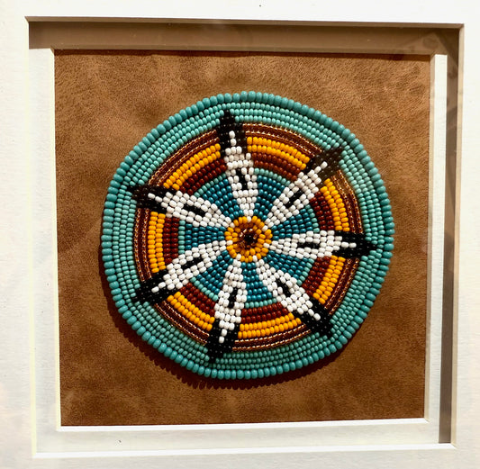 10" Framed Beadwork with Mini Feather Turquoise Medallion
