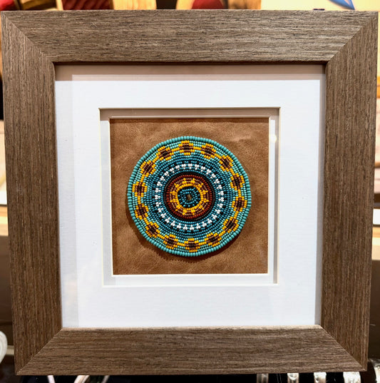 10" Framed Beadwork with Medium Feather Multicolor Medallion