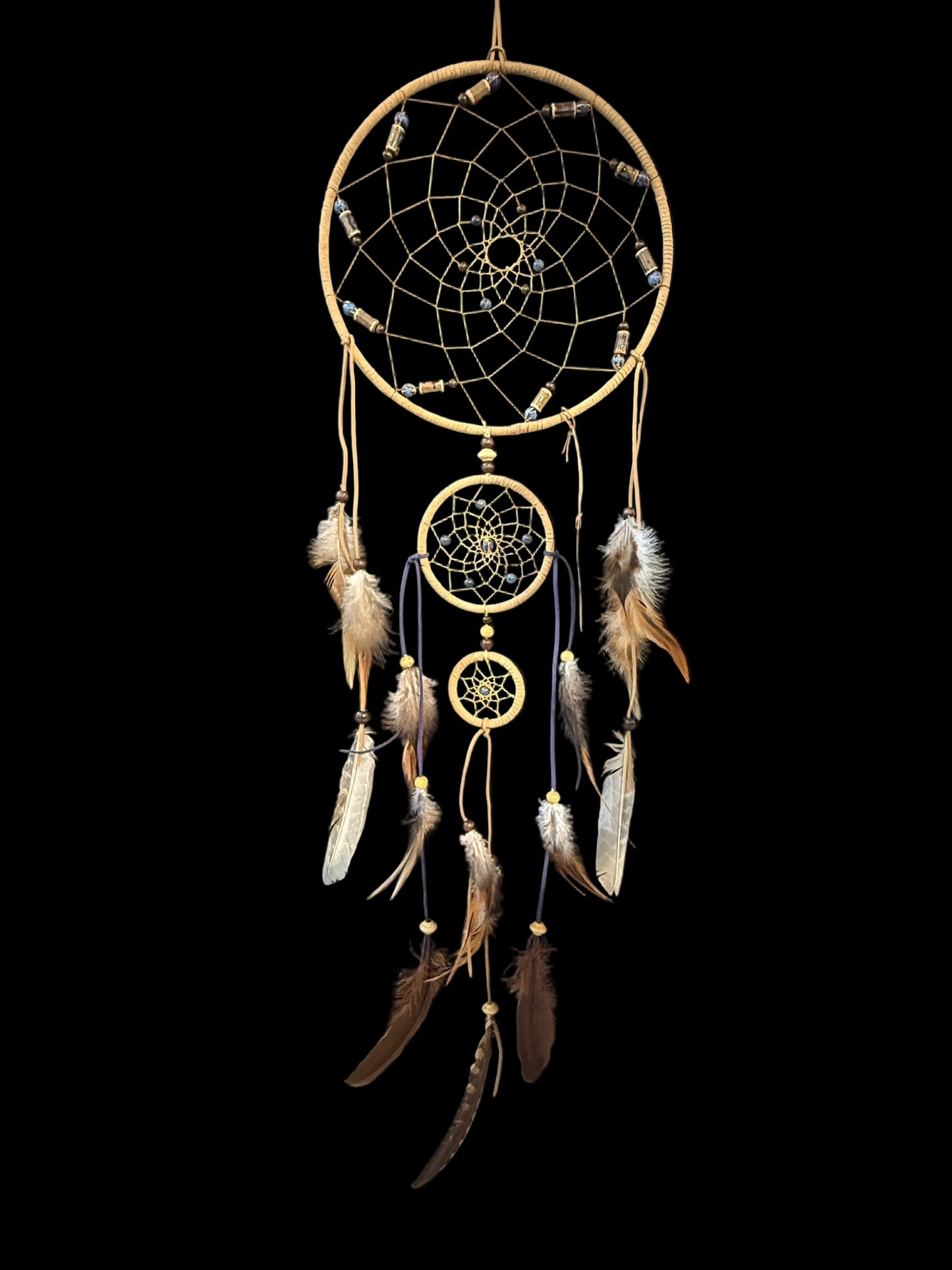 10" Triple Loop Dreamcatcher Browns/Blues/Ceramic/Wood/Semi Precious Beads