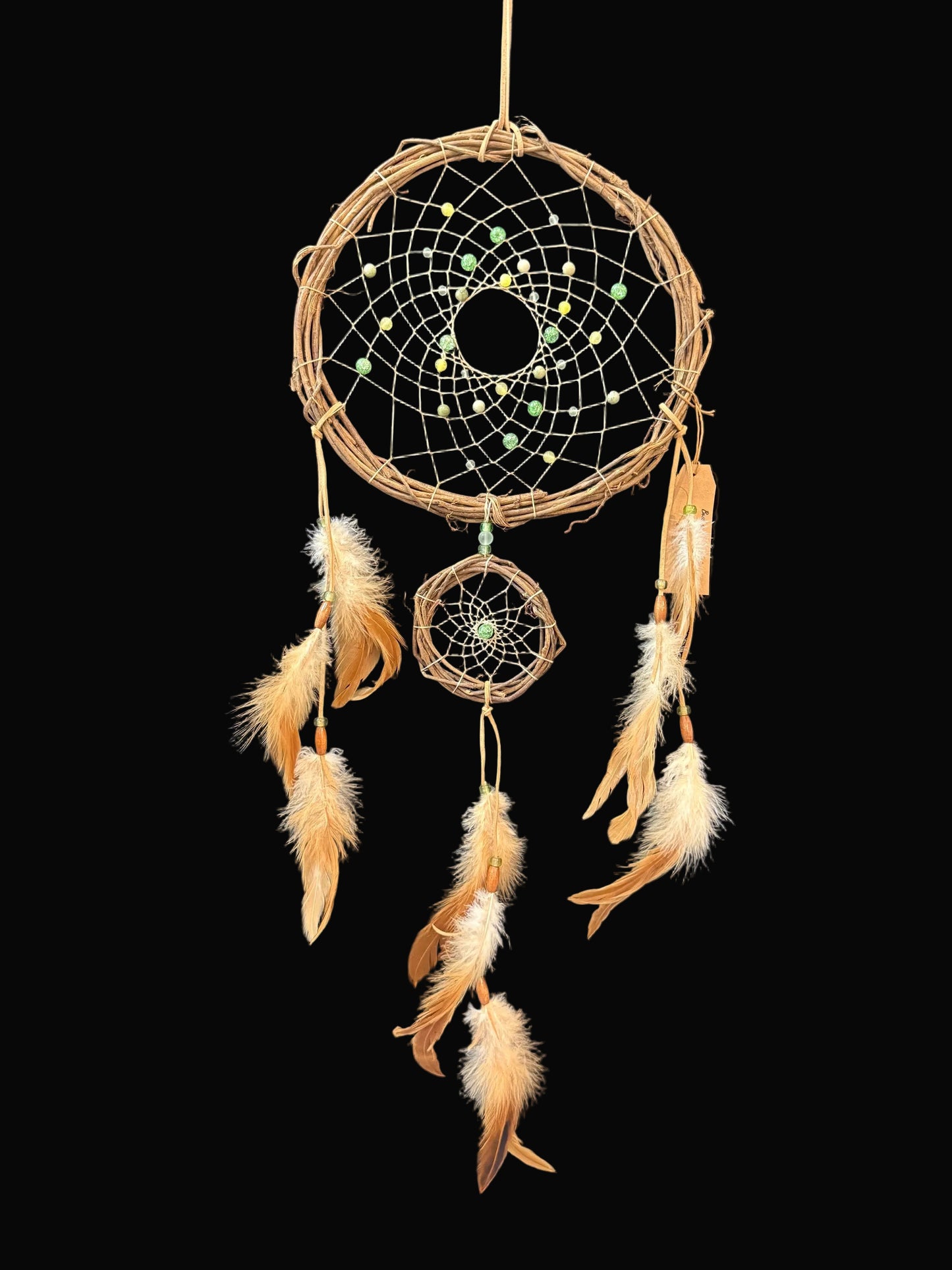 Gorgeous 10" 2 Tied Grapevine Dream Catcher/Creamy Jade, Green Quartz