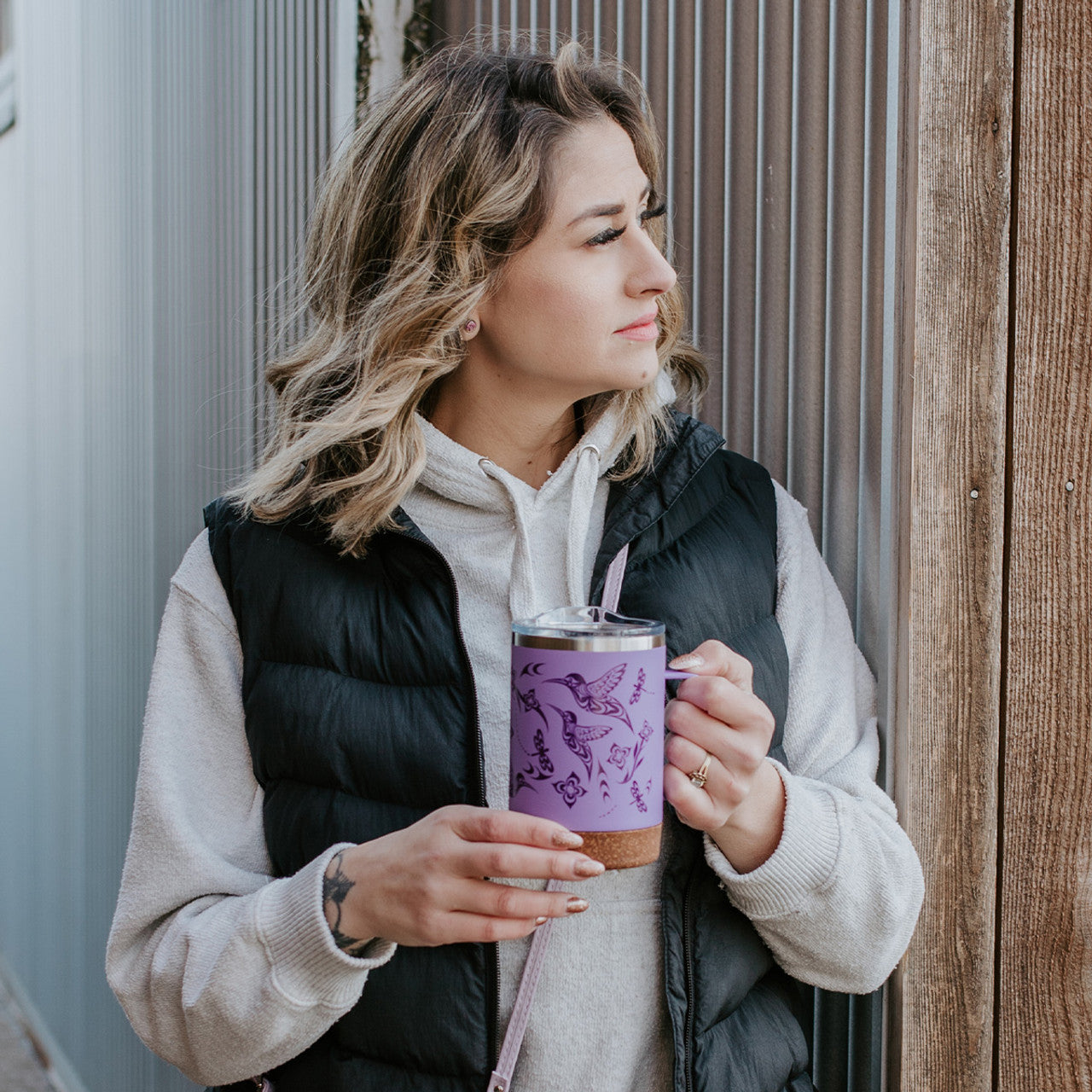 Cork Base Travel Mugs with Handle (16oz) - Hummingbird