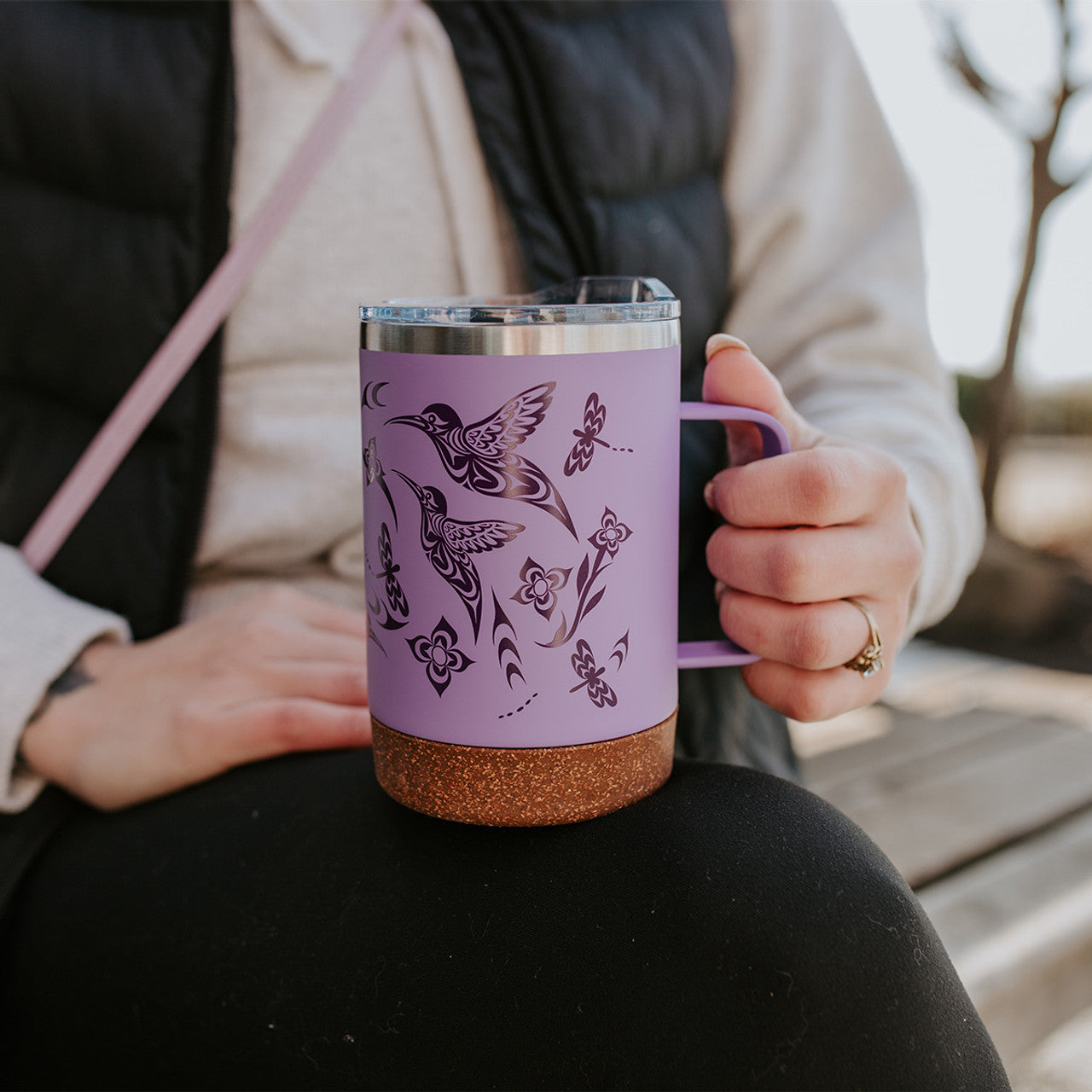 Cork Base Travel Mugs with Handle (16oz) - Hummingbird
