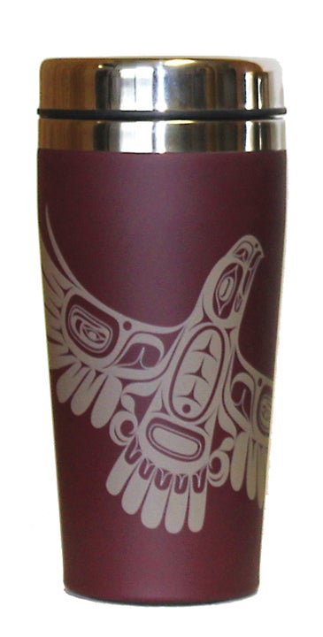 Travel Mug - Eagle's First Flight by Ernest Swanson, Burgundy - Ernest Swanson - Kitchenware - Pentlatch Gallery - Aboriginal Art - Parksville, BC, Canada