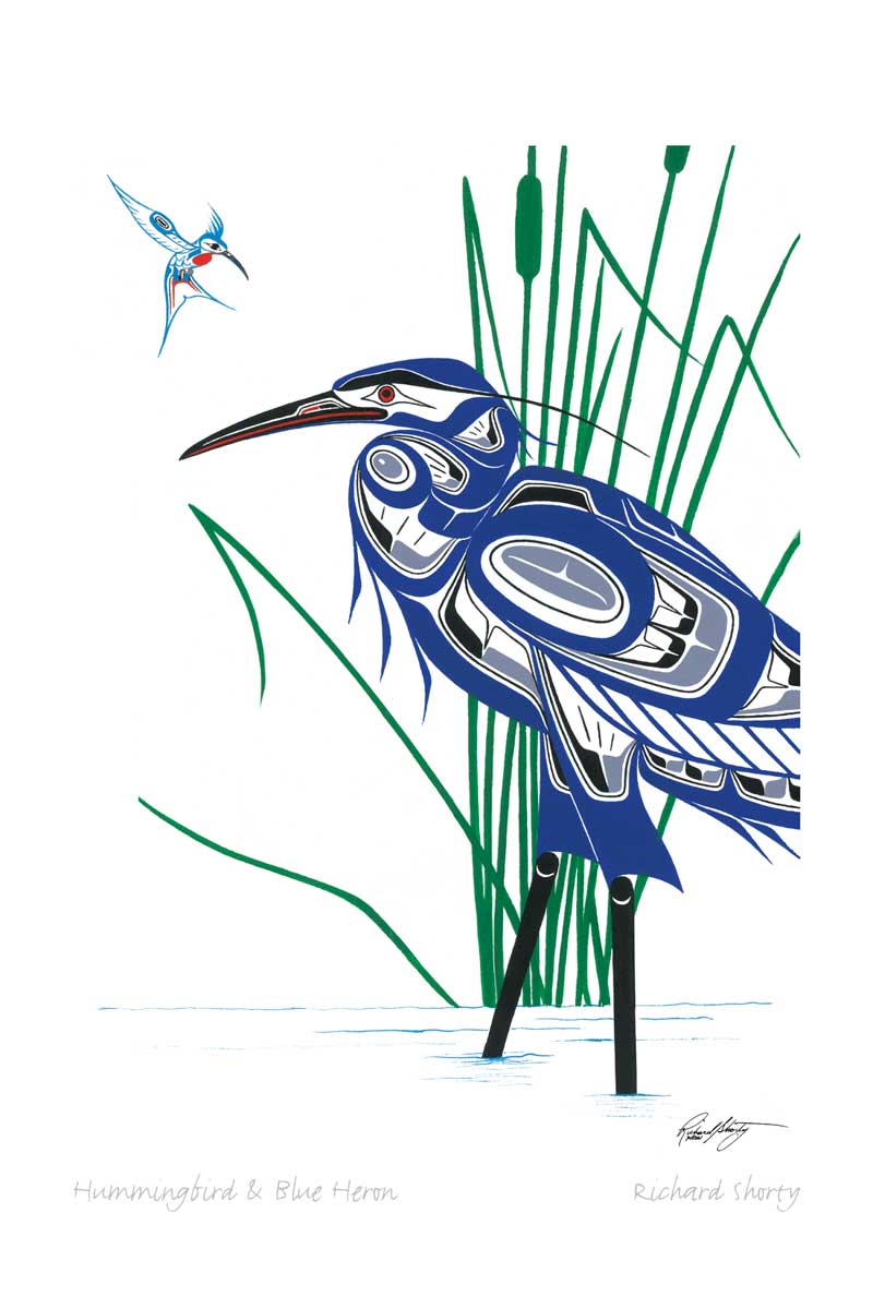 Hummingbird & Blue Heron (Framed) - Shorty, Richard - Mini Framed - Pentlatch Gallery - Aboriginal Art - Parksville, BC, Canada