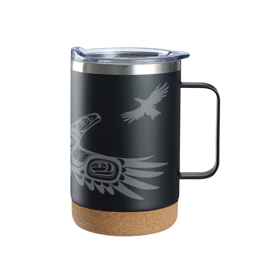 Cork base travel mugs with handle – Soaring Eagle by Corey Bulpitt - Corey Bulpitt - Drinkware - Pentlatch Gallery - Aboriginal Art - Parksville, BC, Canada