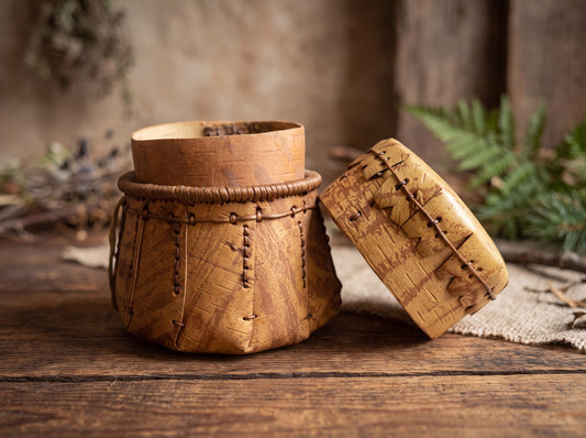 Antique Algonquin Birchbark Basket with Lid