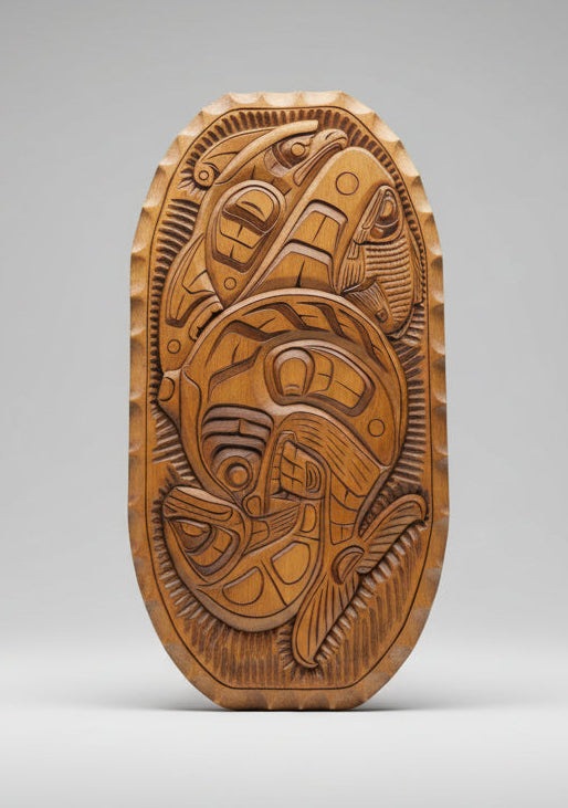Large Thunderbird, KillerWhale, Salmon and Seal Carved Plaque