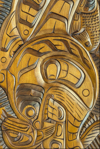 Large Thunderbird, KillerWhale, Salmon and Seal Carved Plaque
