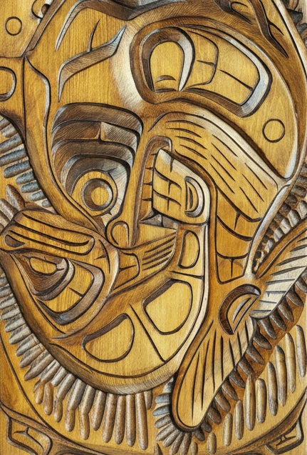 Large Thunderbird, KillerWhale, Salmon and Seal Carved Plaque
