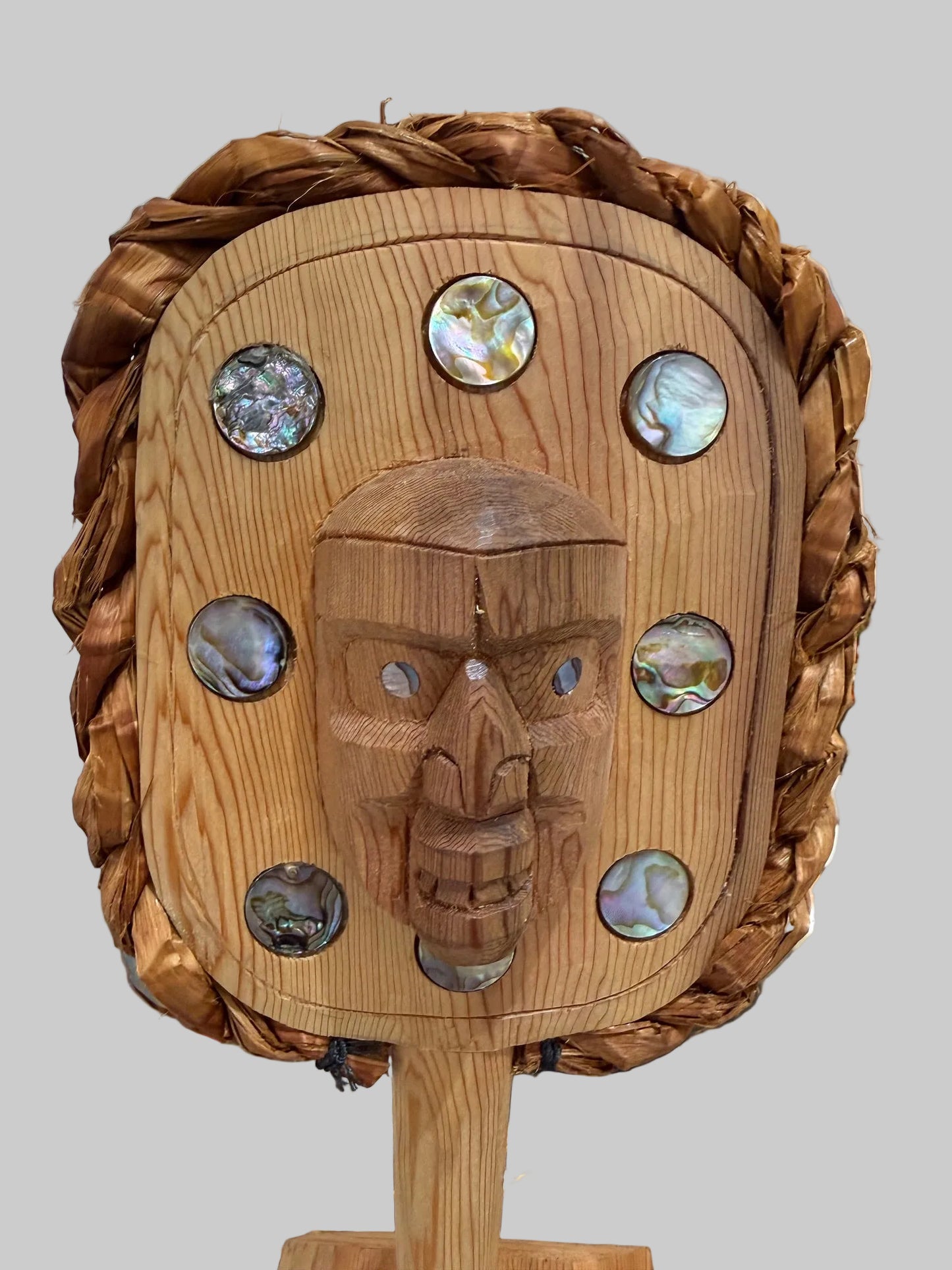 Ceremonial Rattle with abalone inlay and cedar rope