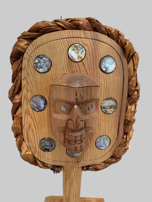 Ceremonial Rattle with abalone inlay and cedar rope