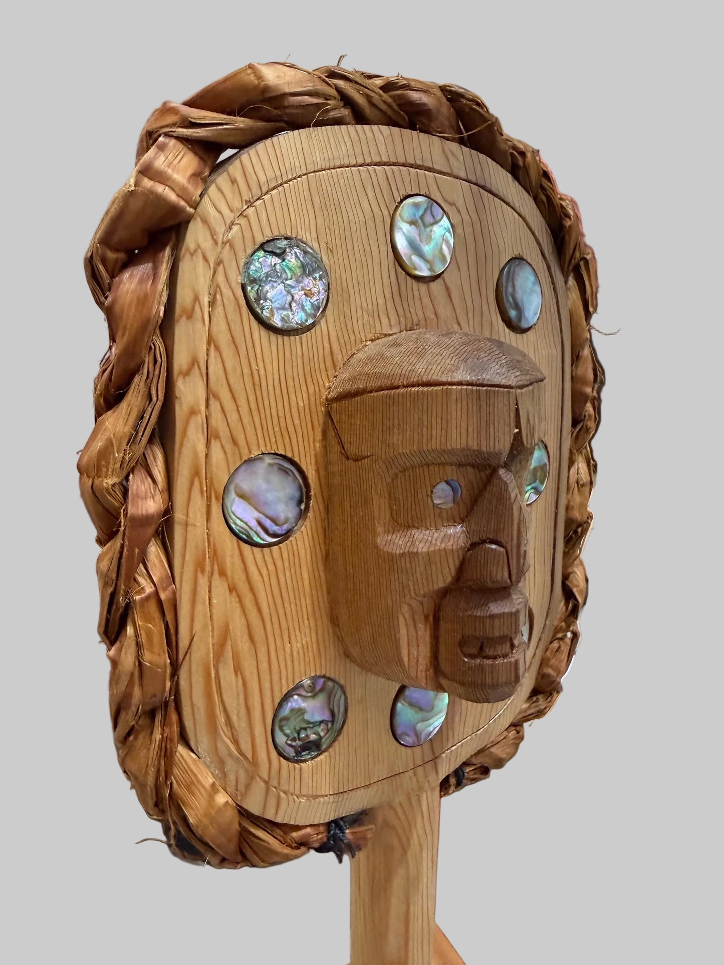 Ceremonial Rattle with abalone inlay and cedar rope
