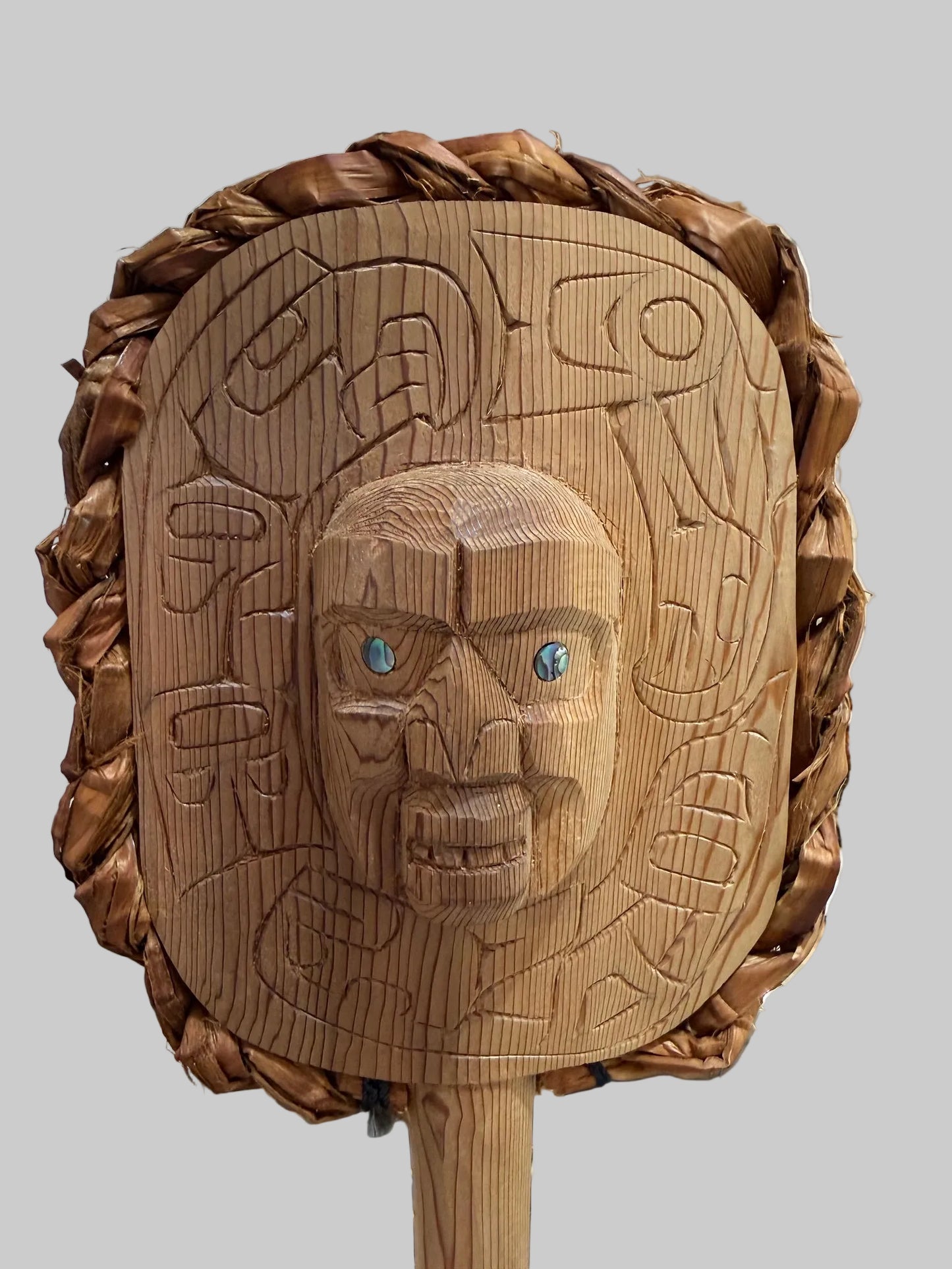 Ceremonial Rattle with abalone inlay and cedar rope