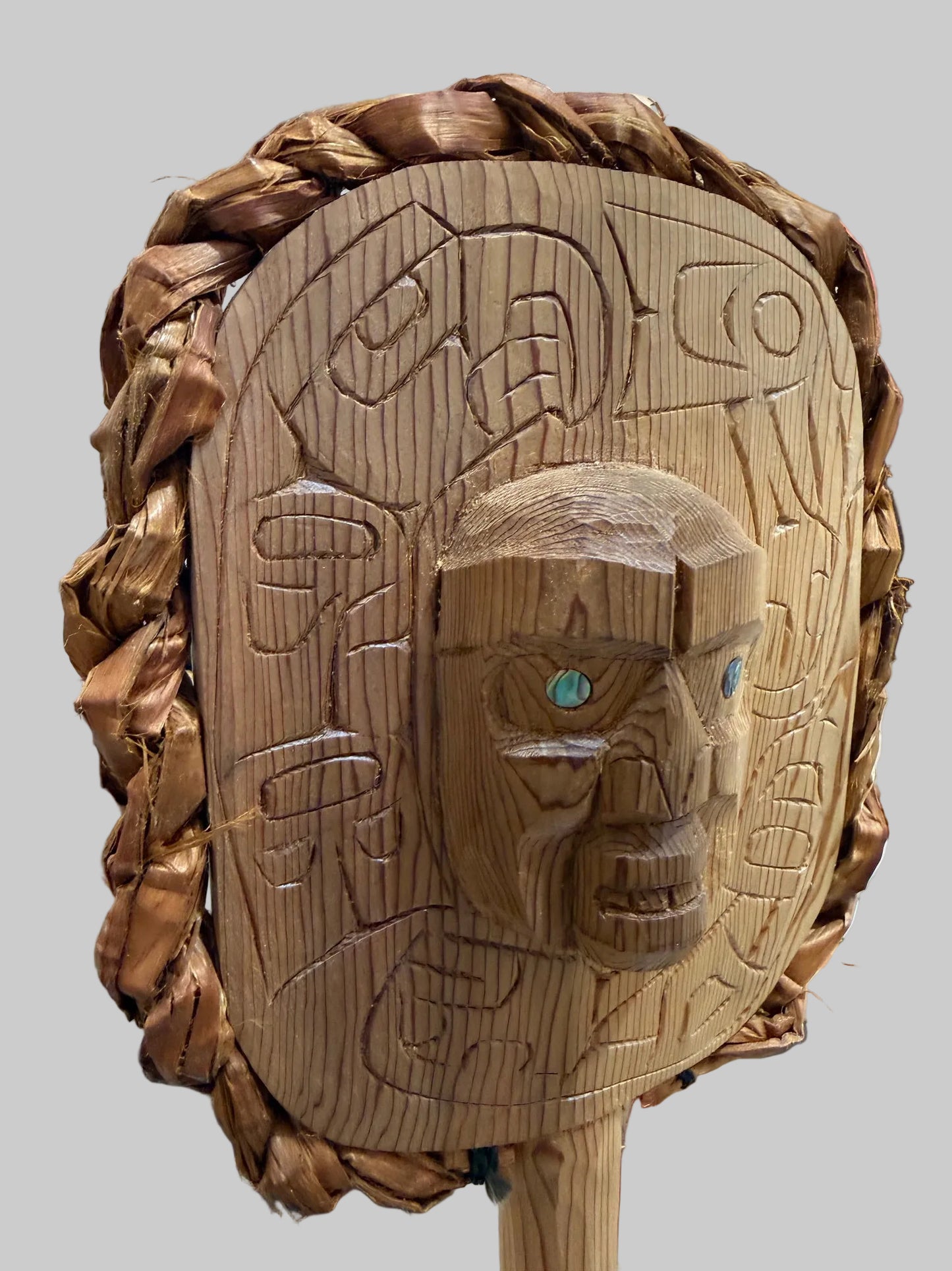 Ceremonial Rattle with abalone inlay and cedar rope