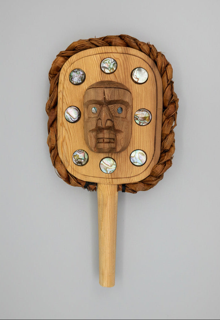 Ceremonial Rattle with abalone inlay and cedar rope