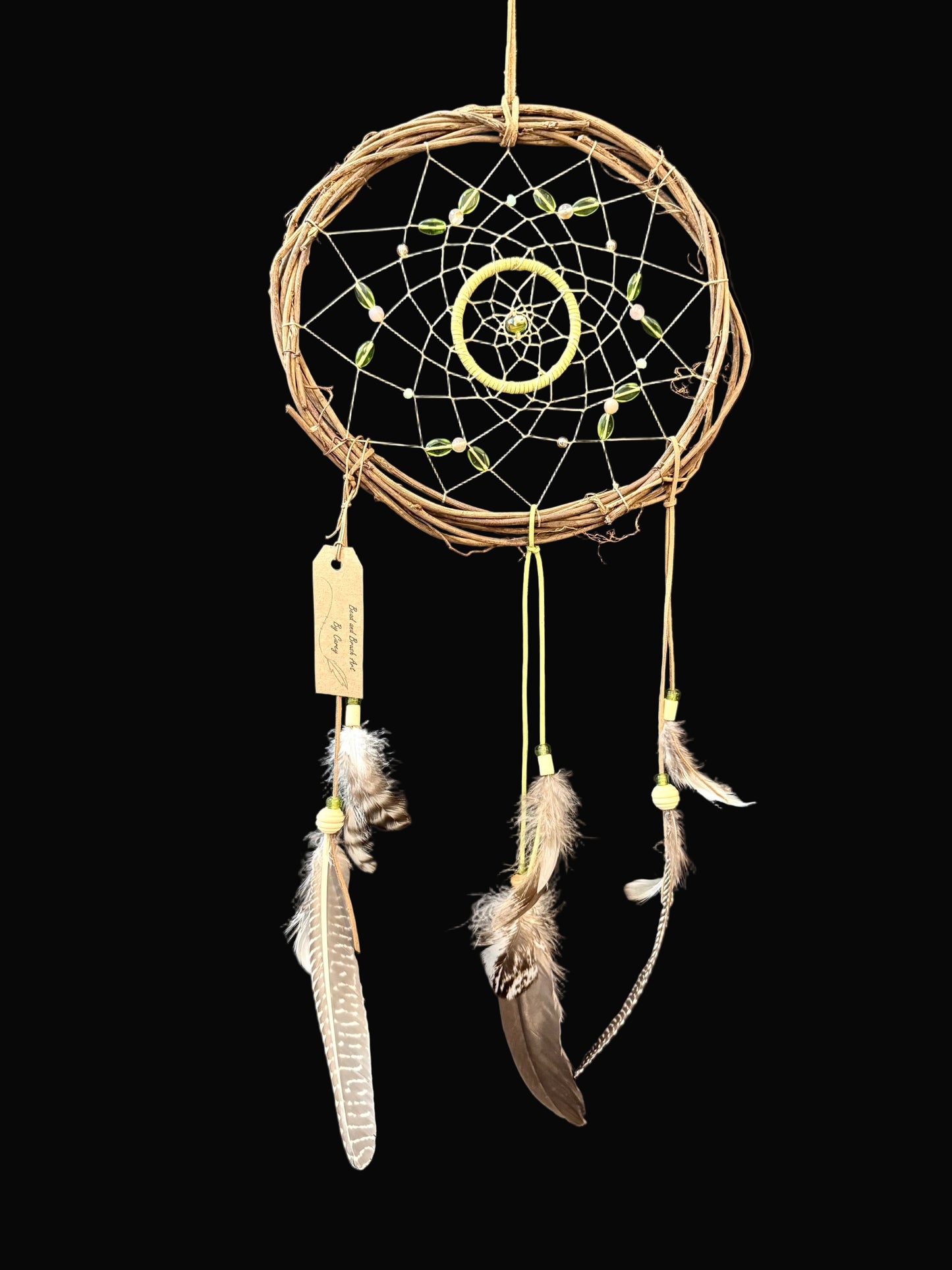 10" Grapevine Dreamcatcher with Peach Colored Agate & Green Leaf Beads