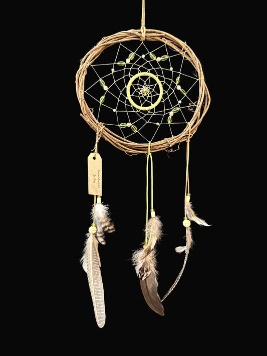 10" Grapevine Dreamcatcher with Peach Colored Agate & Green Leaf Beads