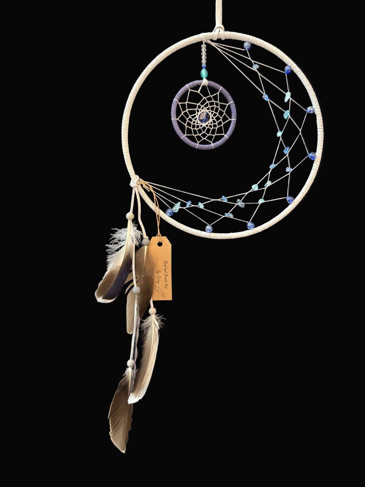 10" Dreamcatcher Light Gray Crescent Moon w/blue glass beads