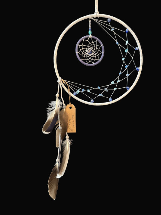 10" Dreamcatcher Light Gray Crescent Moon w/blue glass beads