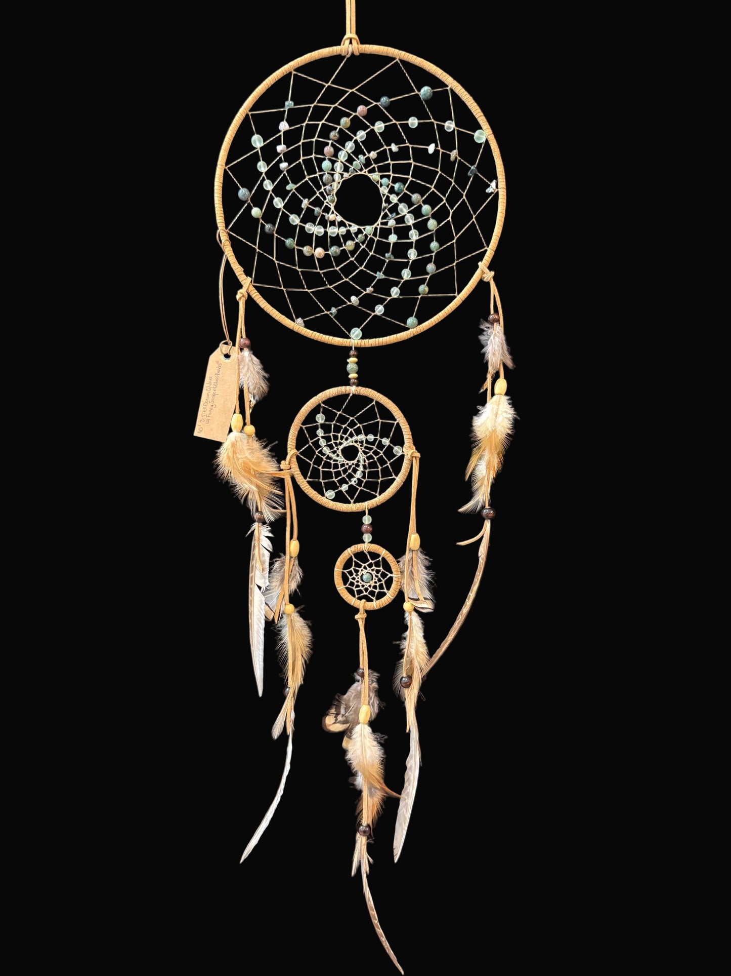 10" Dreamcatcher 3 Tied Tan w/ Green Fancy Jasper Beads