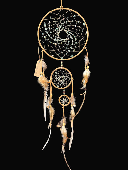 10" Dreamcatcher 3 Tied Tan w/ Green Fancy Jasper Beads