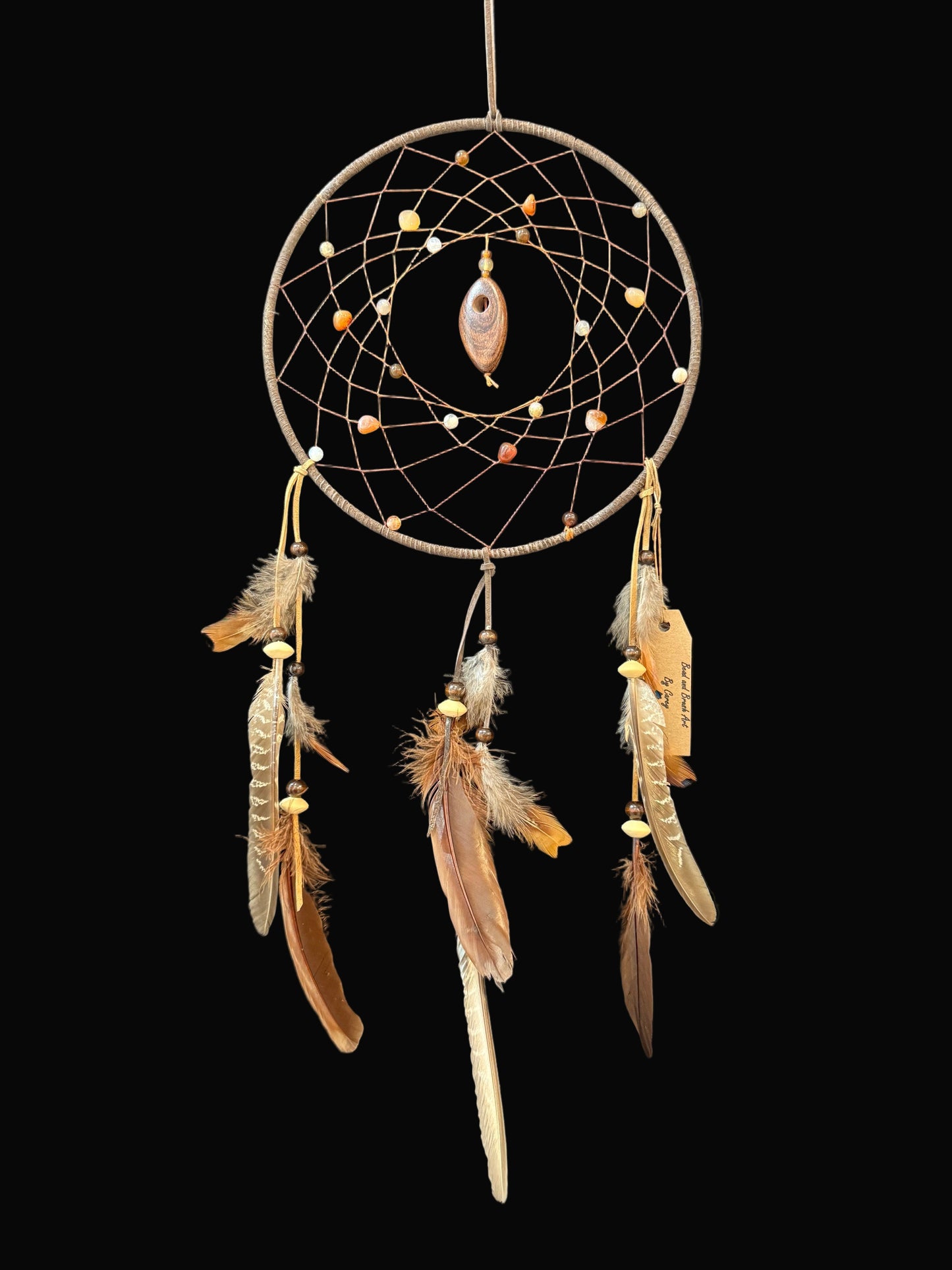 !0" Dreamcatcher Dark Brown w/ Amber colored Agate, Fire Agate & Wood Beads