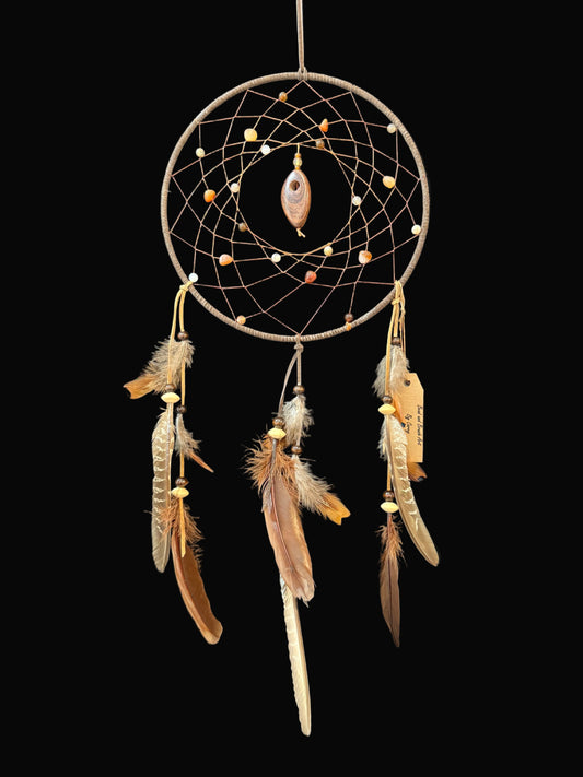 !0" Dreamcatcher Dark Brown w/ Amber colored Agate, Fire Agate & Wood Beads