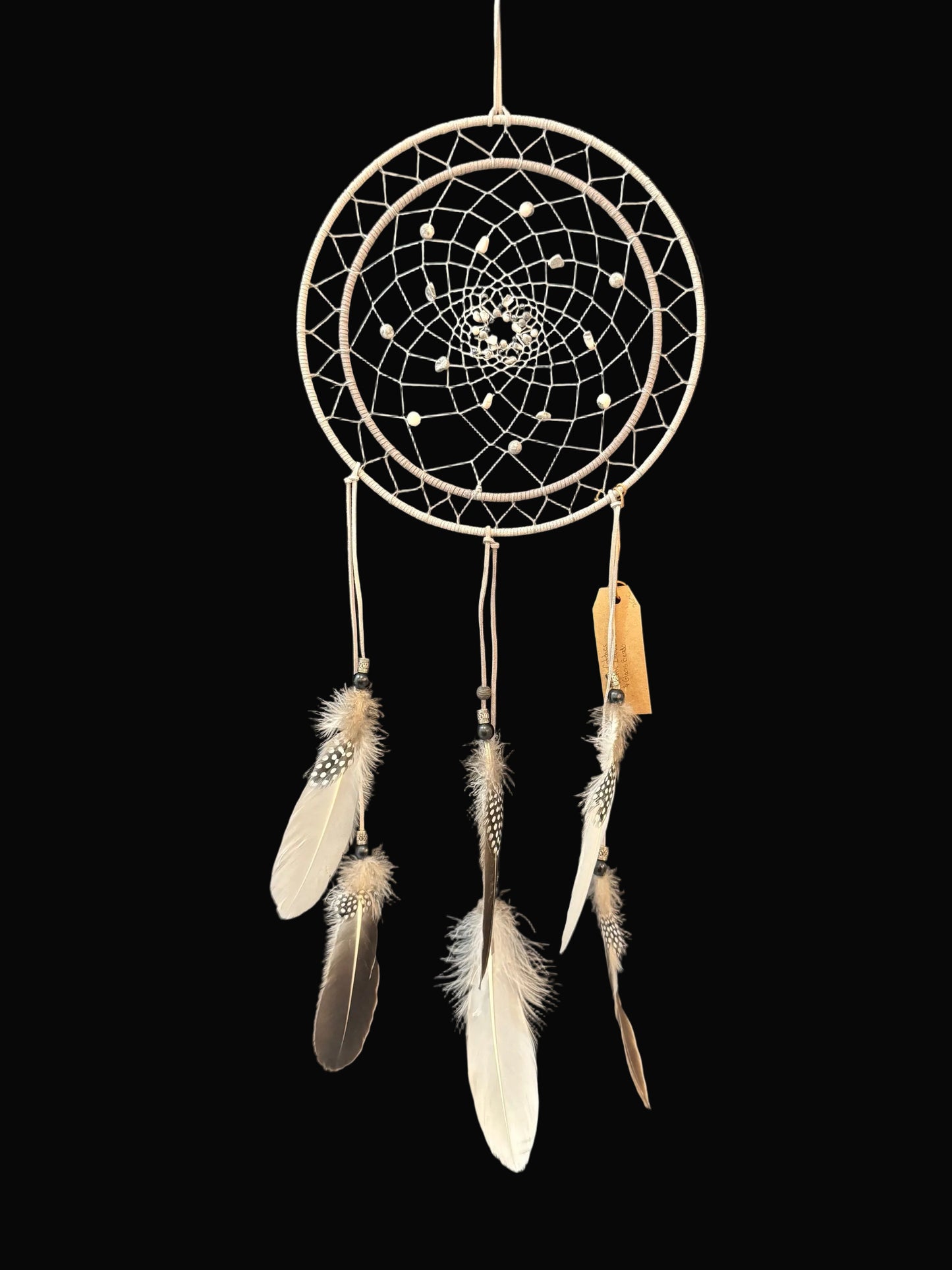 Beautiful 10" Tone Grey Double Hoop Dream Catcher/Pink Zebra Stones