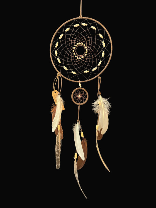 Beautiful 10" 2 Tier Dark Brown Dream Catcher Reconstituted Howlite & Hand Carved Bone Beads