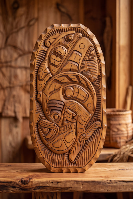 Large Thunderbird, KillerWhale, Salmon and Seal Carved Plaque